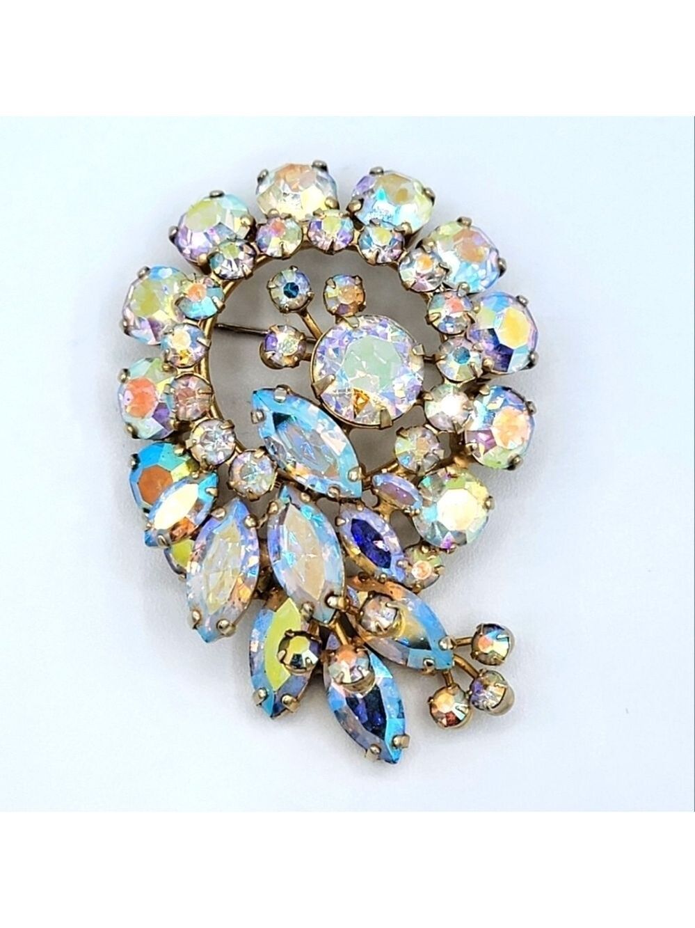 Vintage Brooch Crystal AB Set in Goldtone Metal #2523